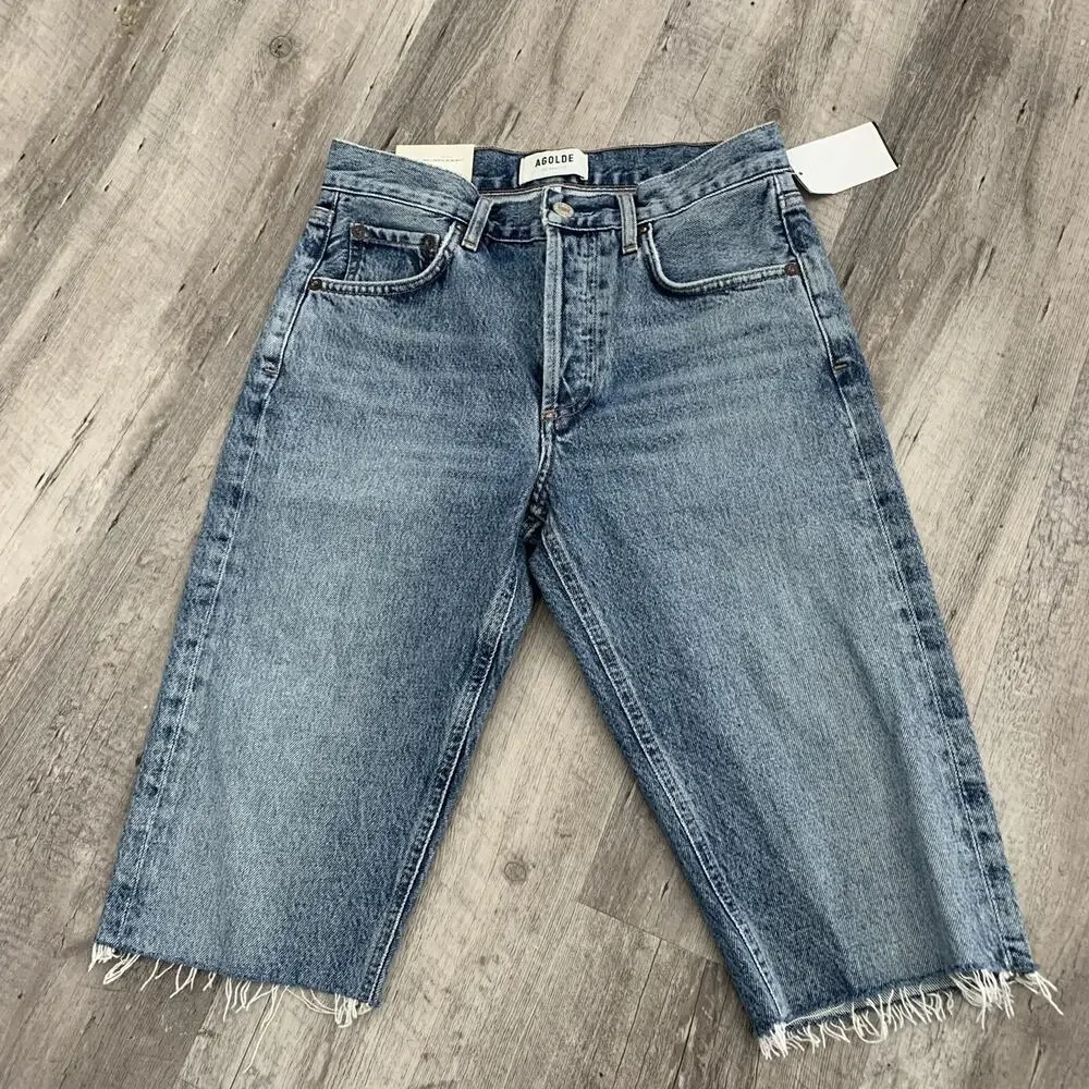 AGOLDE Denim Shorts Sz 24 CARRIE Long Length Slim Forefit Wash Button-Fly NEW